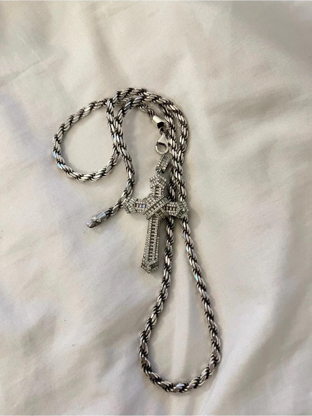 Silver Rope Chain Necklace with Pave Cross Pendant 22 inches
